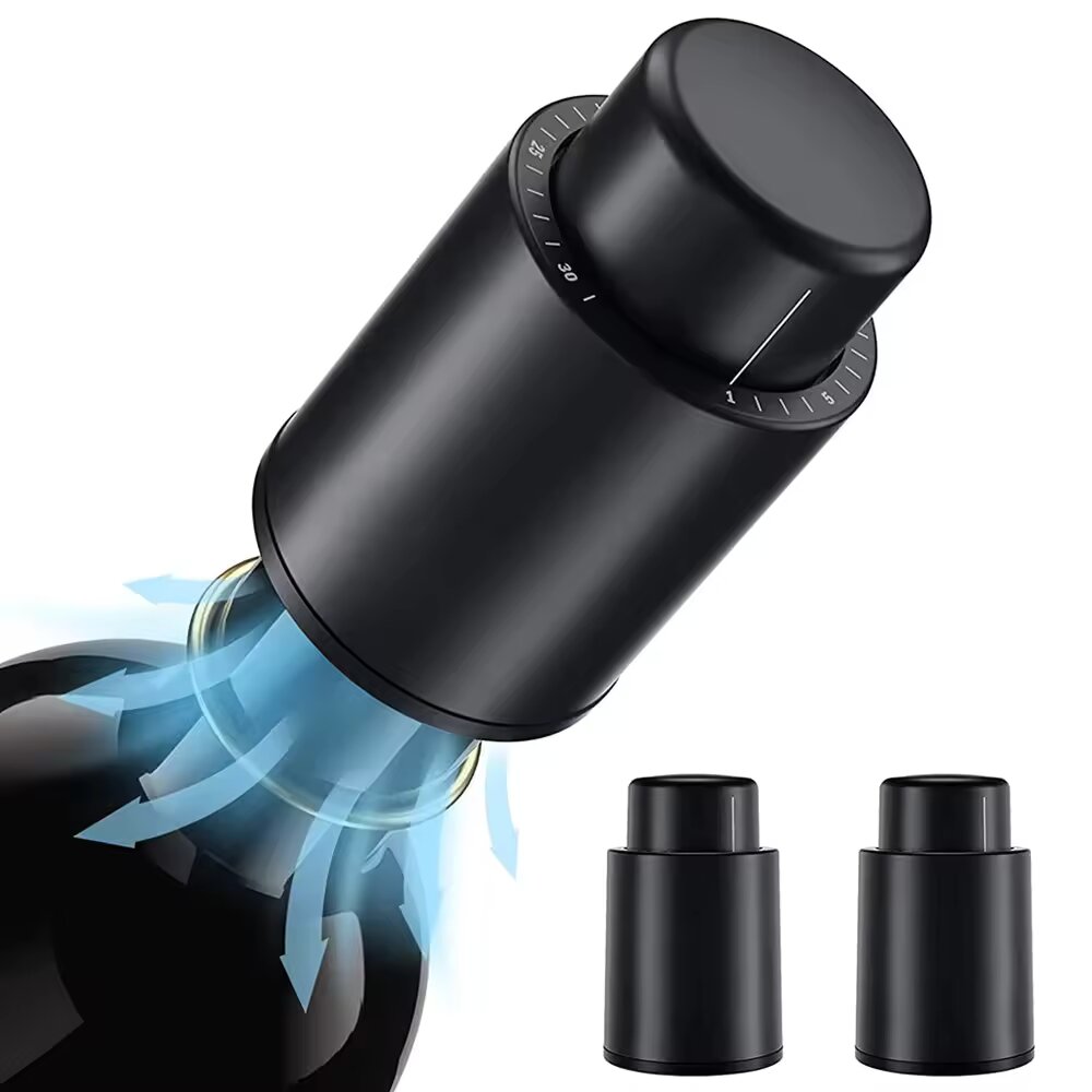 Wine Preservation Pump - Black Vacuum-Sealed Wine Bottle Cap Stopper
