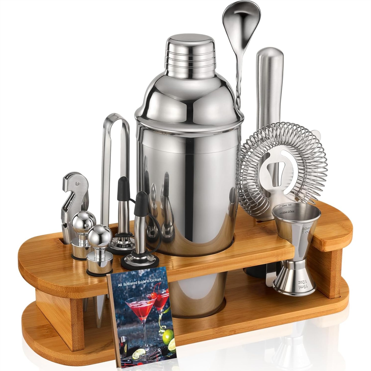 Home Bar Stand - 13-Piece Cocktail Shaker Set With Bamboo