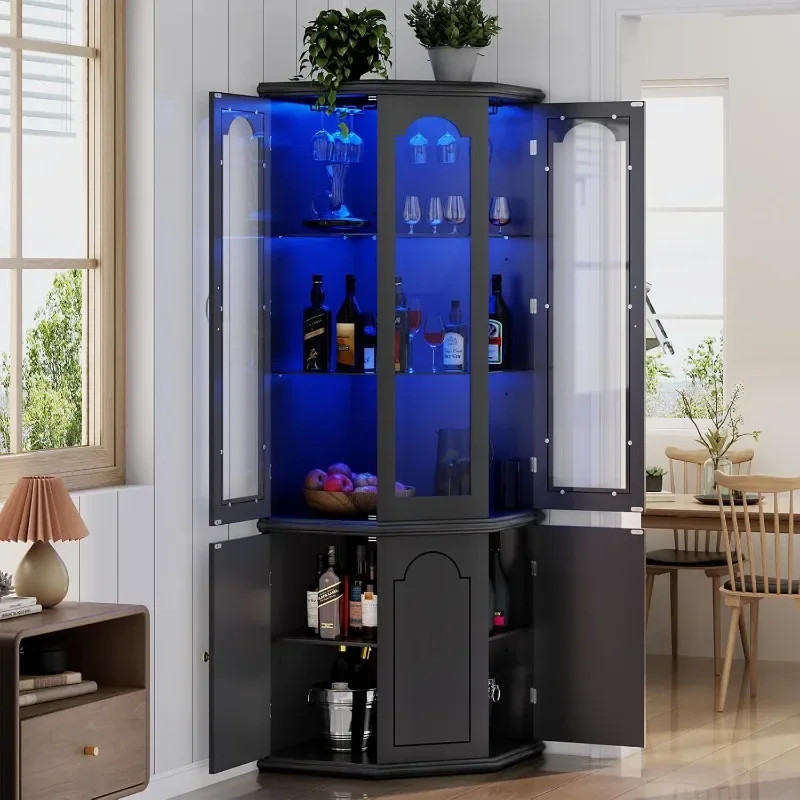 Home Bar Shelves - Gyfimoie Corner Bar Cabinet w/LED Lights,