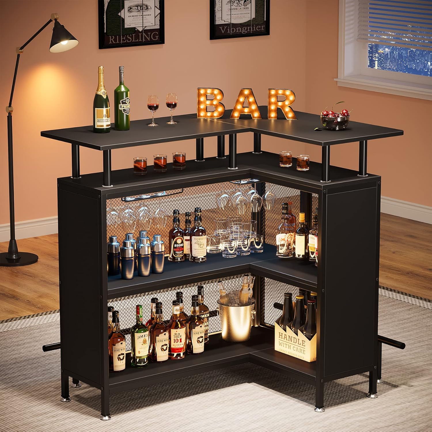 Home Bar Shelves - Home Bar Unit, L-Shaped Bar Table