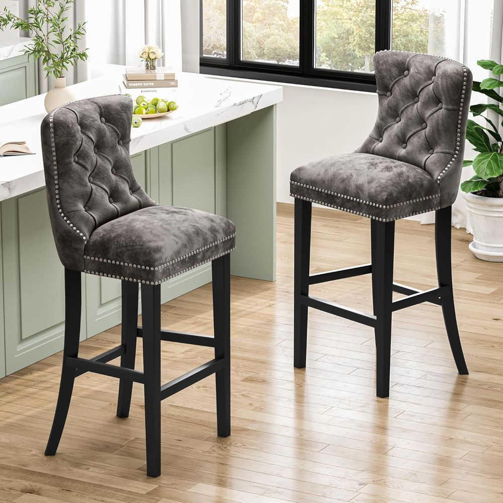 Set of 2 Light Grey Velvet Bar - Home Bar Stools ulasan dan harga