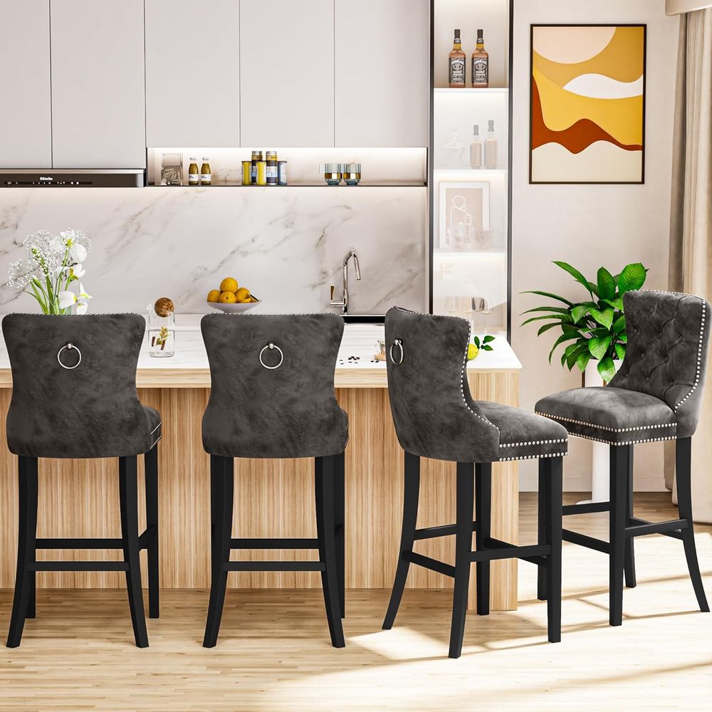 Set of 2 Light Grey Velvet Bar - Home Bar Stools ulasan dan harga